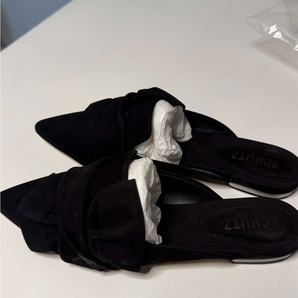 SCHUTZ Black Suede Bow Pointed-Toe Slip-On Mules